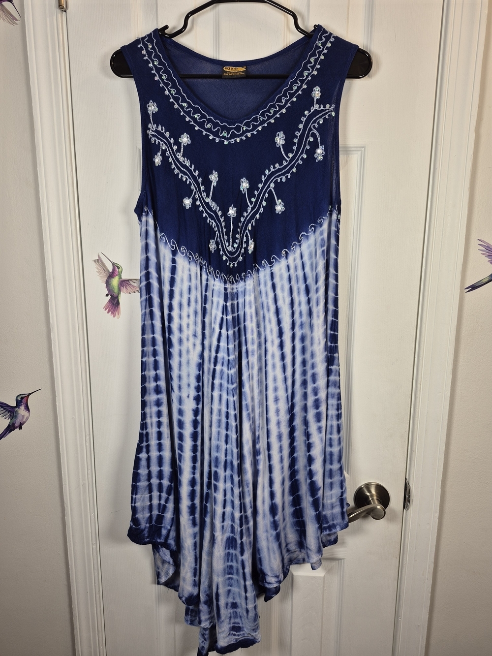 Rima Beachworld Indigo Blue Tie Dye Embroidered Boho Handkerchief Hem Dress